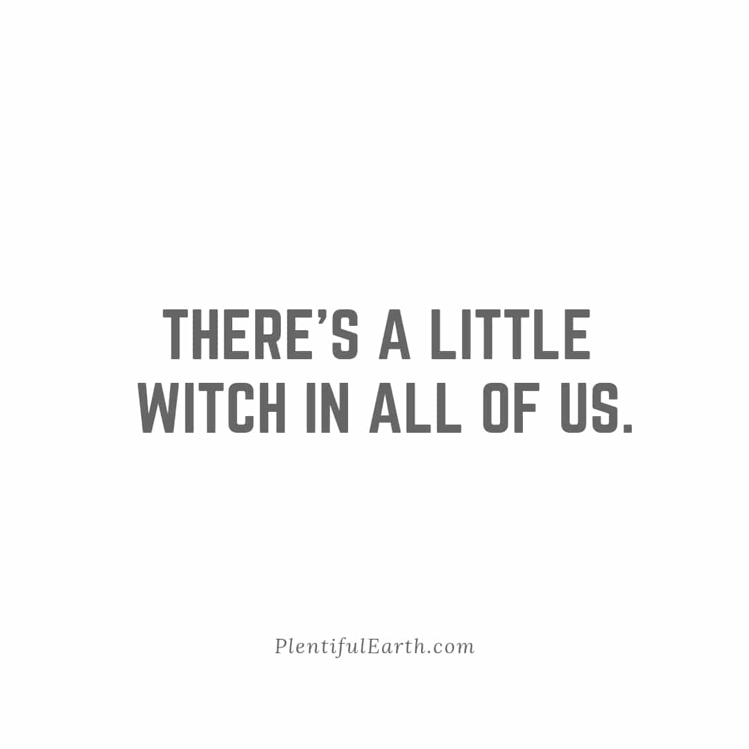 A minimalistic image with an empowering, spiritual message that reads "there's a little witch in all of us." from plentifulearth.com.