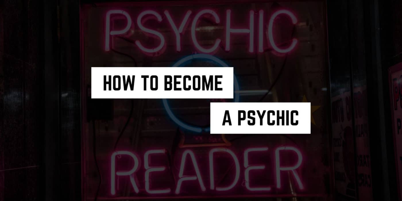 Neon lights illuminate a witchy offer: "how to become a psychic reader" at a psychic's storefront.