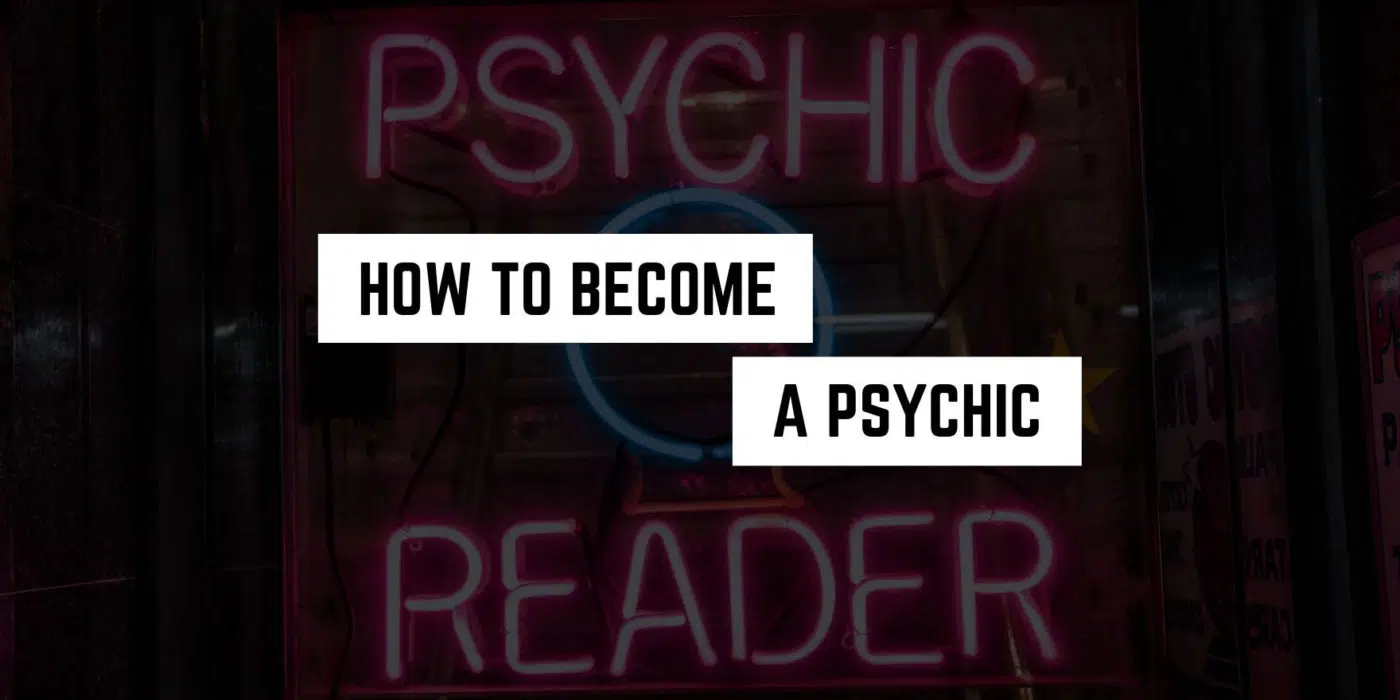 How to Become a Psychic 1 Neon lights illuminate a witchy offer: "how to become a psychic reader" at a psychic's storefront.