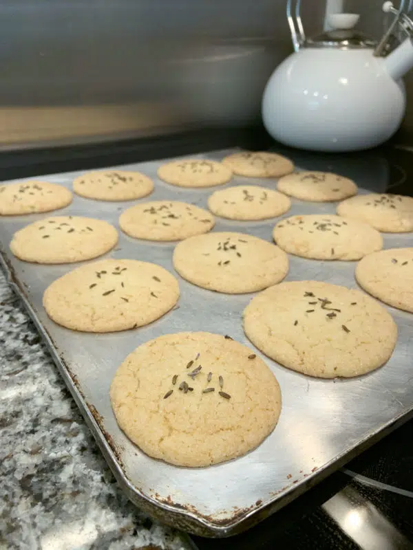 Midsummer: The Reawakening of a Witch 5 A tray of lavender cookies with a white tea kettle in the background