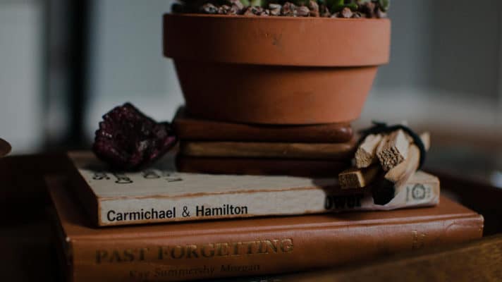 How to Burn Palo Santo 1 A tranquil corner with a touch of the occult: a potted plant rests atop a small stack of vintage books, accompanied by a rough-cut crystal and a tiny figure, evoking a sense of ser