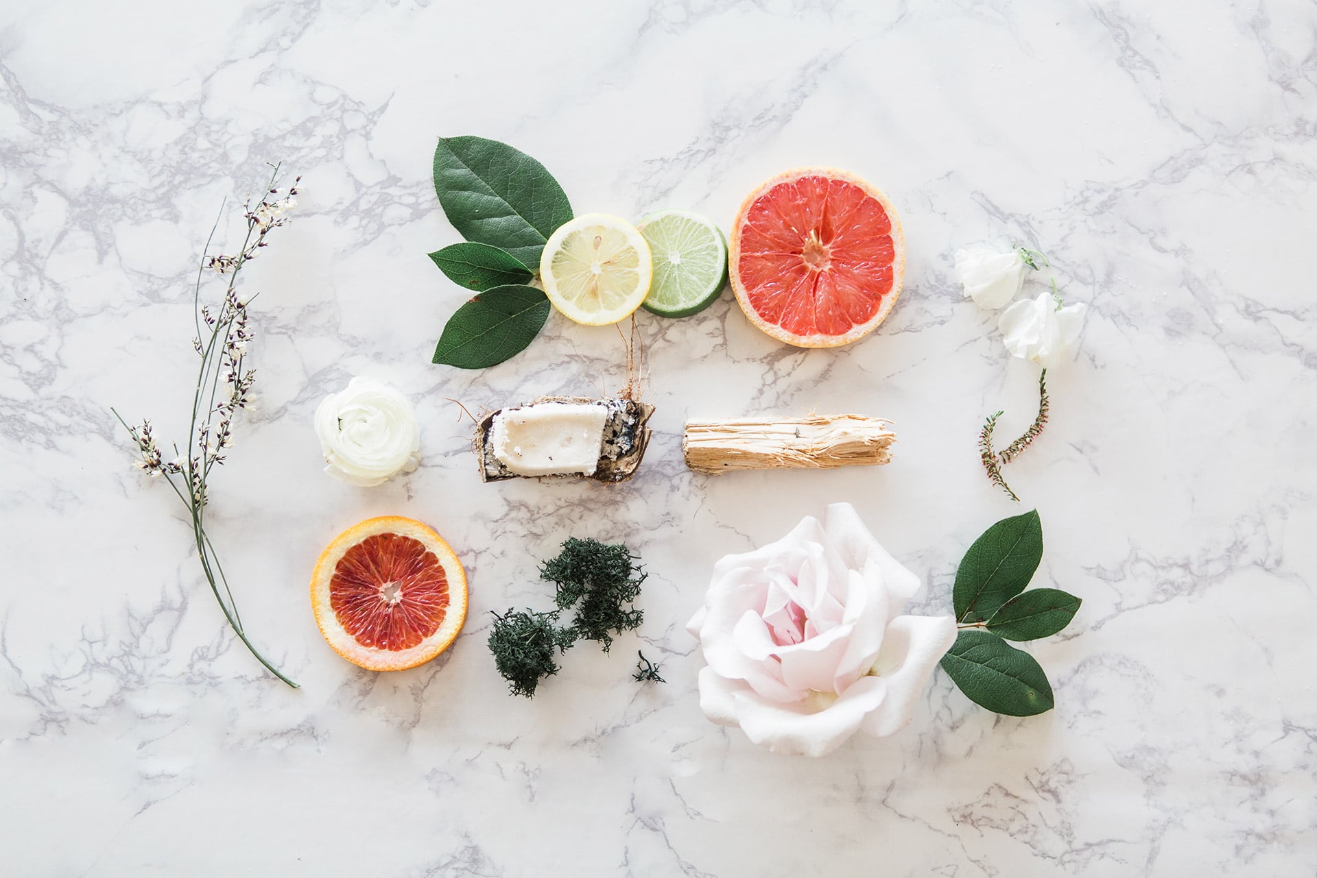 Flat lay arrangement of botanical and spiritual elements including citrus slices, herbs, and flowers on a marble surface.