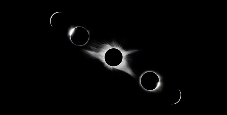 Phases of a solar eclipse against a dark sky, observed as a spiritual phenomenon.