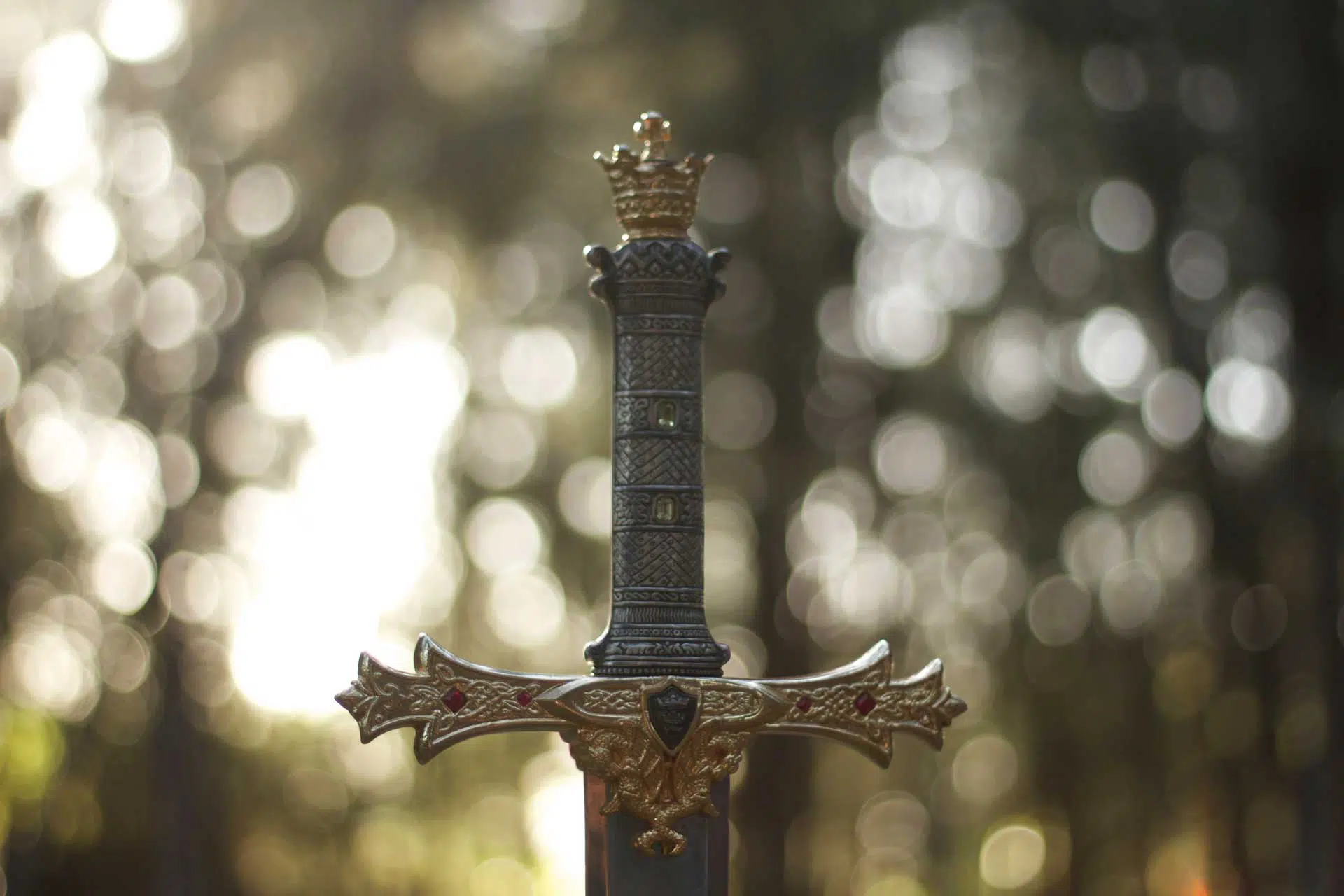 An elegant sword with intricate designs on the hilt stands against a bokeh background, evoking a sense of adventure and timeless legend in a new age product manner.