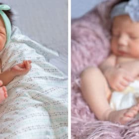 Two contrasting moments in babyhood: on the left, a newborn cries while on a comfy blanket, and on the right, the same baby sleeps peacefully, swaddled in a cozy, textured wrap
