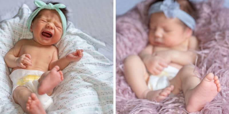 Aromatherapy: How to Soothe a Colic Baby 1 Two contrasting moments in babyhood: on the left, a newborn cries while on a comfy blanket, and on the right, the same baby sleeps peacefully, swaddled in a cozy, textured wrap