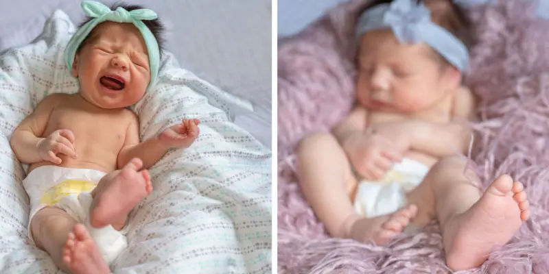 Two contrasting moments in babyhood: on the left, a newborn cries while on a comfy blanket, and on the right, the same baby sleeps peacefully, swaddled in a cozy, textured wrap