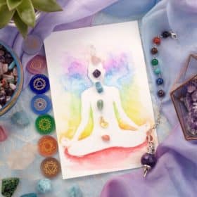 The Complete List of Chakra Crystals 17 A chakra crystal guide with chakra crystals around it on a purple table