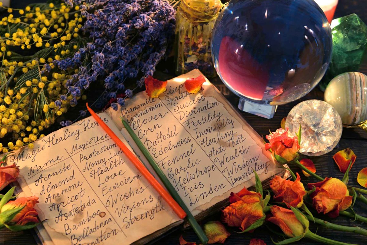 An atmospheric composition featuring an open book with handwritten notes surrounded by an array of mystic elements such as crystals, dried flowers, and a glass orb, evoking a sense of enchantment and esoteric