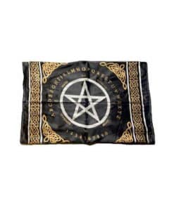 a black altar cloth with a white pentacle on it surrounded by a circle of alphabetical letters and ouija board phrases