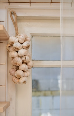 Garlic Magical Properties | Herbs For Protection 3 A braid of garlic by a house door