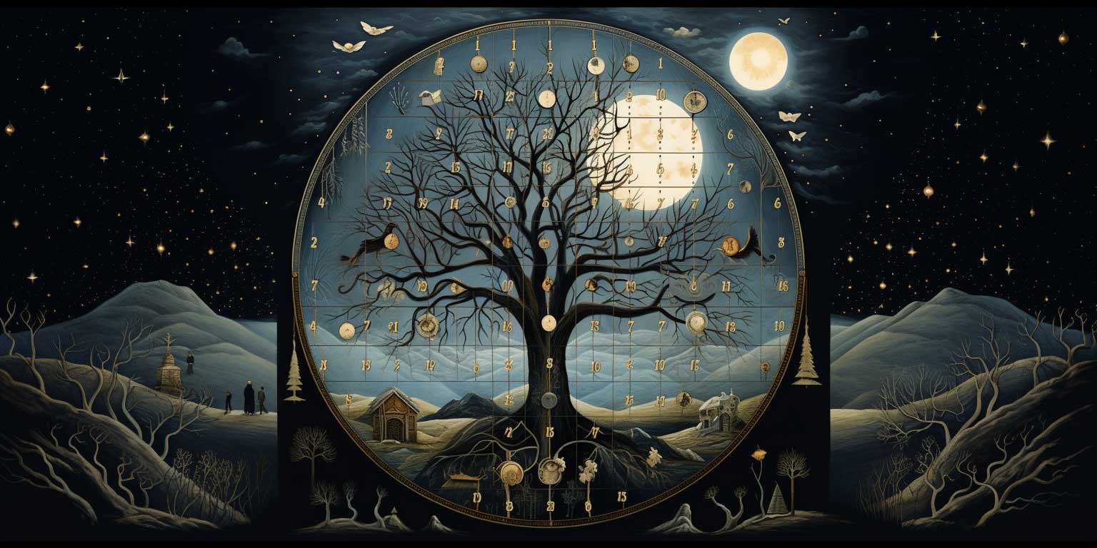 A full moon calendar with zodiac signs on a leafless tree against a starry night sky.
