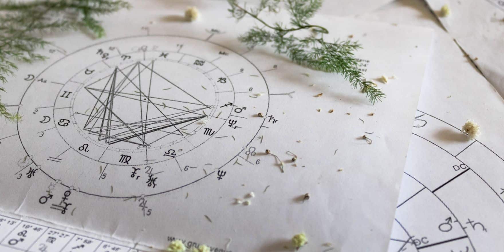 a hand-drawn astrological chart with herbs