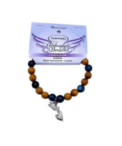 a brown, blue, and black crystal bead bracelet with an angel charm and blue label