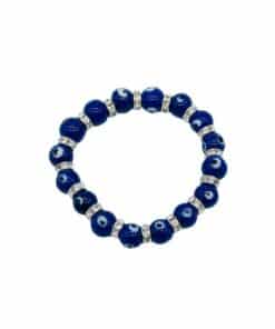 A bracelet completely made of dark blue evil eye beads and silver-toned spacers.