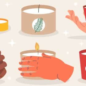 an illustration of 6 types of candles with a hand holding 1 candle and another hand rubbing one candle