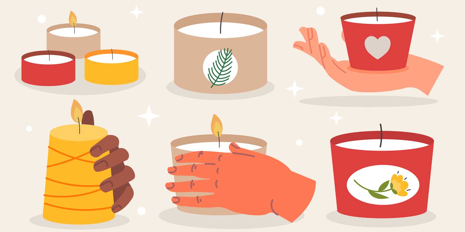 an illustration of 6 types of candles with a hand holding 1 candle and another hand rubbing one candle