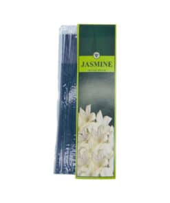 A blue pack of incense sticks with white flowers and a green label