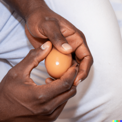 Two hands holding an egg during an egg cleanse.