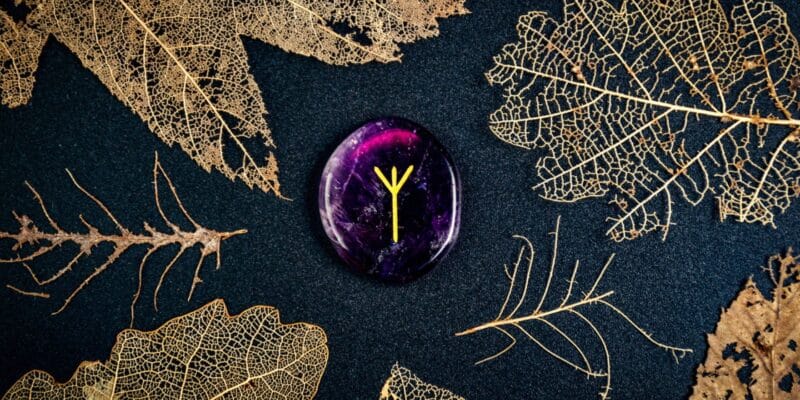 Algiz Rune: History & How To Unlock Its Protective Power 1 A purple crystal with a golden algiz drawn on it, surrounded by golden leaves