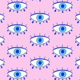How We Use The Nazar Charm To Protect Us From The Powerful Evil Eye Curse 31 A pink background with repetitive blue evil eye illustrations in a pattern