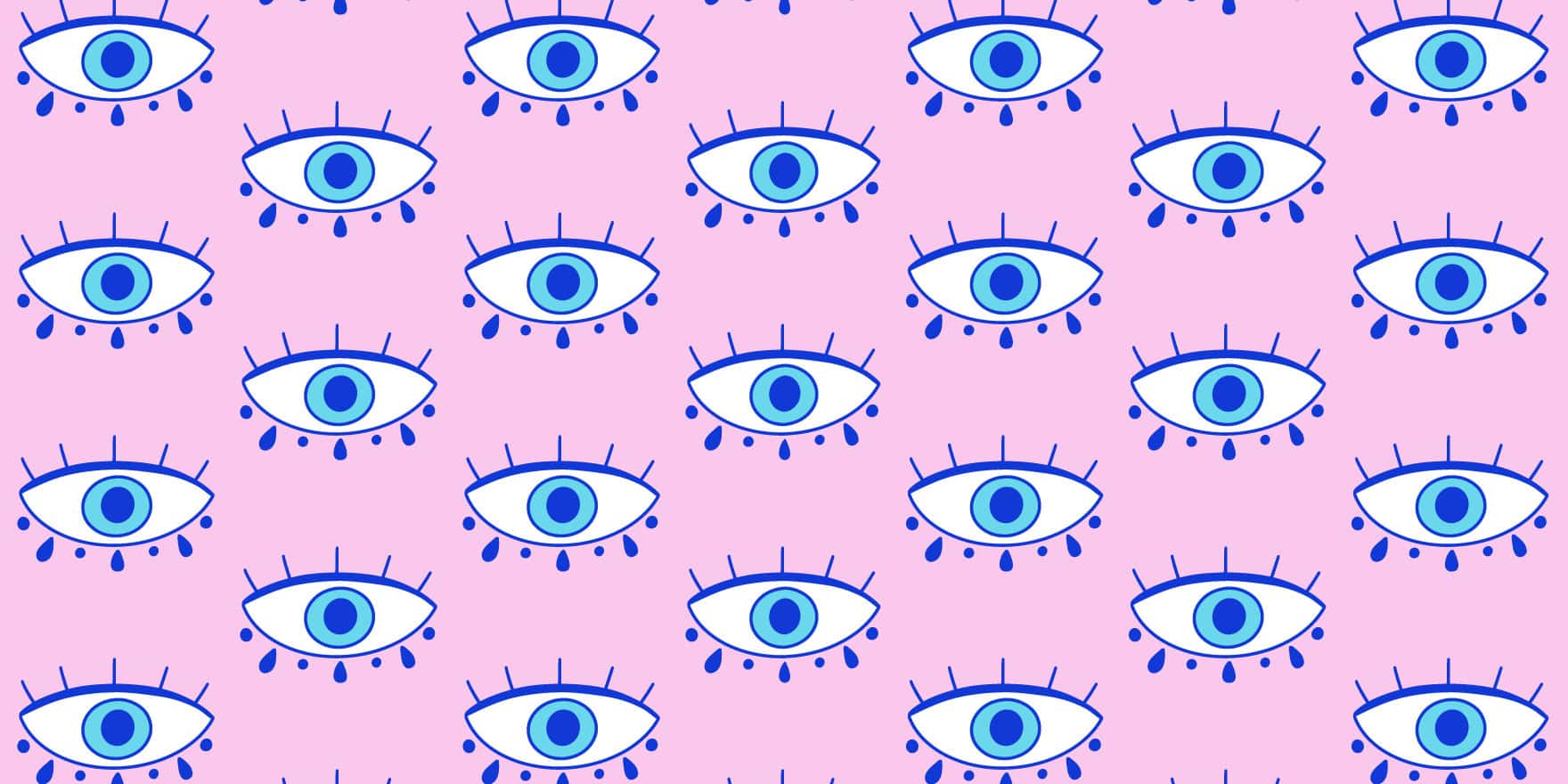 A pink background with repetitive blue evil eye illustrations in a pattern
