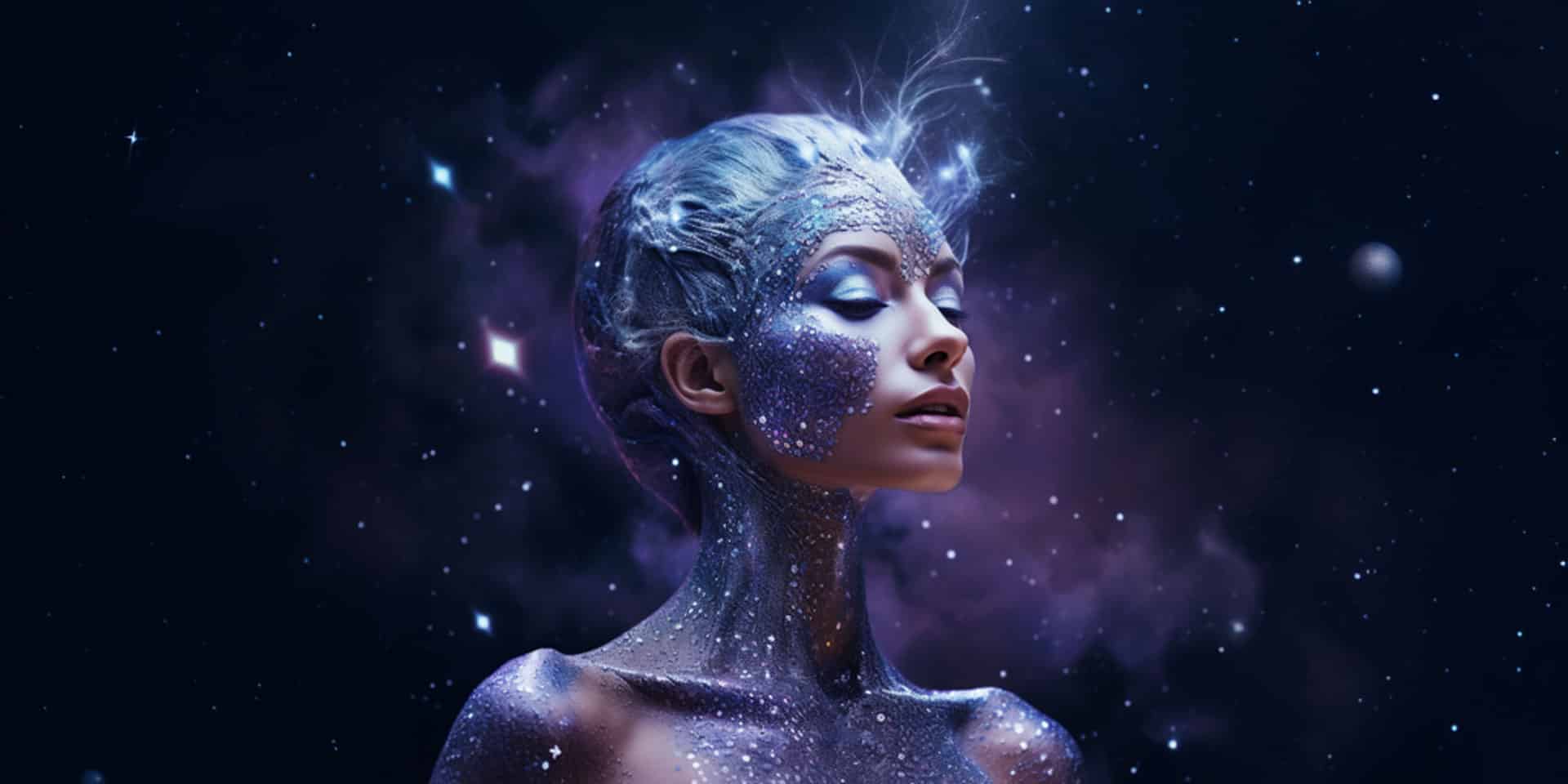 A woman made of stars on the backdrop of the universe