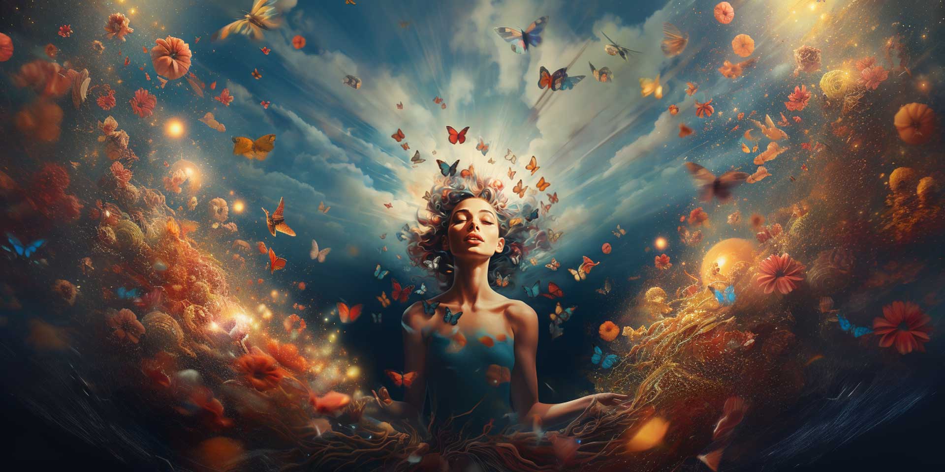 a woman surrounded by flowers and butterflies, in the style of dreamlike symbolism, photorealistic renderings, dark cyan and light amber, uhd image, swirling vortexes