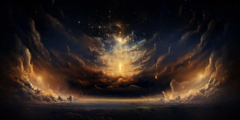 444 Angel Number: Numerology & Spiritual Meanings 6 an image of a beautifully clouded celestial sky, filled with stars and golden light orbs. Hint at an angelic scene without including actual angels.