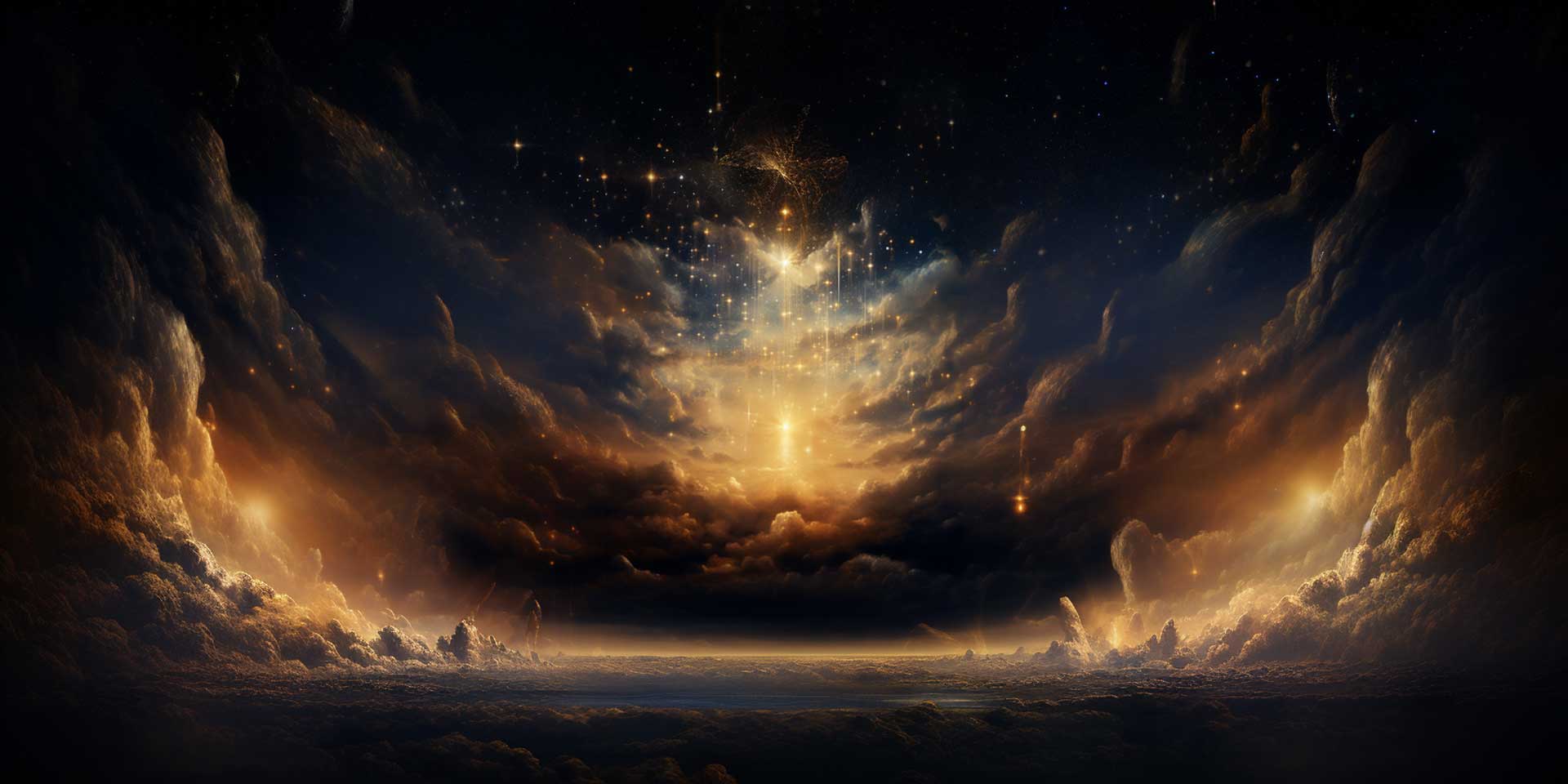 an image of a beautifully clouded celestial sky, filled with stars and golden light orbs. Hint at an angelic scene without including actual angels.