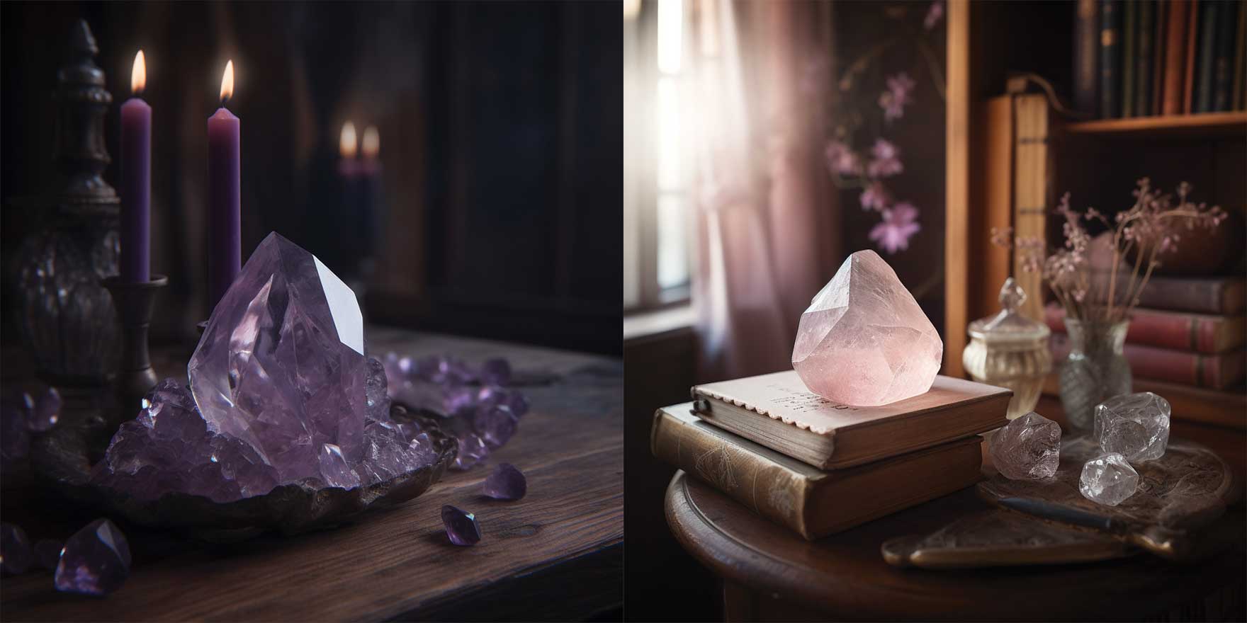 An amethyst crystal on the left and rose quartz crystal on the right