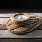 An egg inside of a bowl of salt on a wooden table.