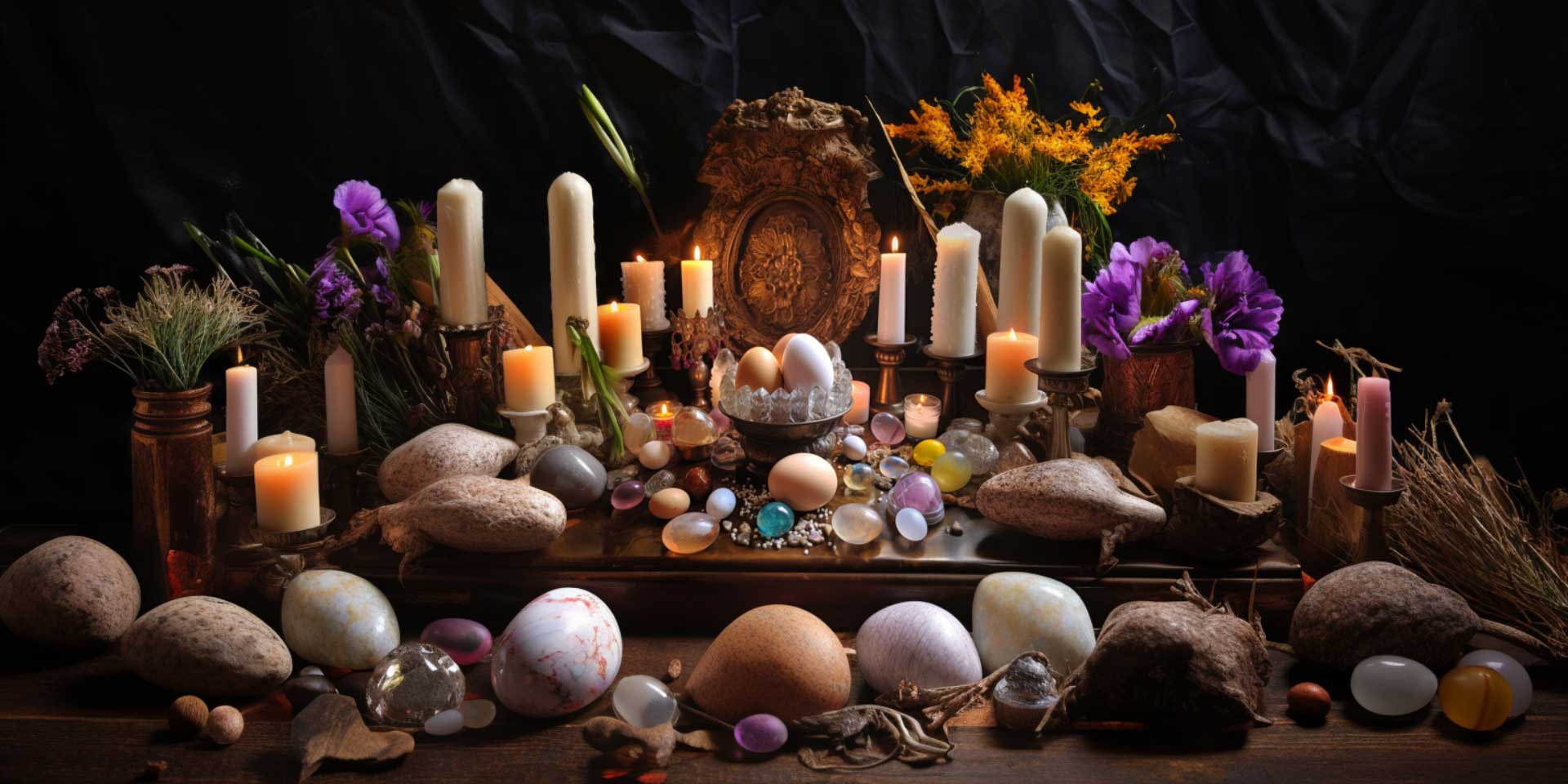 An altar covered with eggs, crystal eggs, and candles.