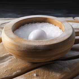Powerful Egg Shell Protection Spell 30 An egg inside of a bowl of salt on a wooden table.