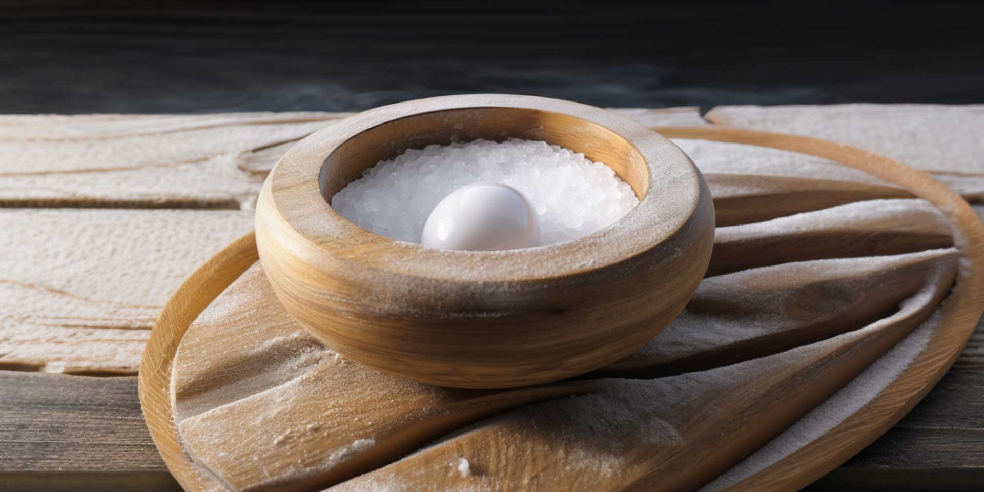 An egg inside of a bowl of salt on a wooden table.