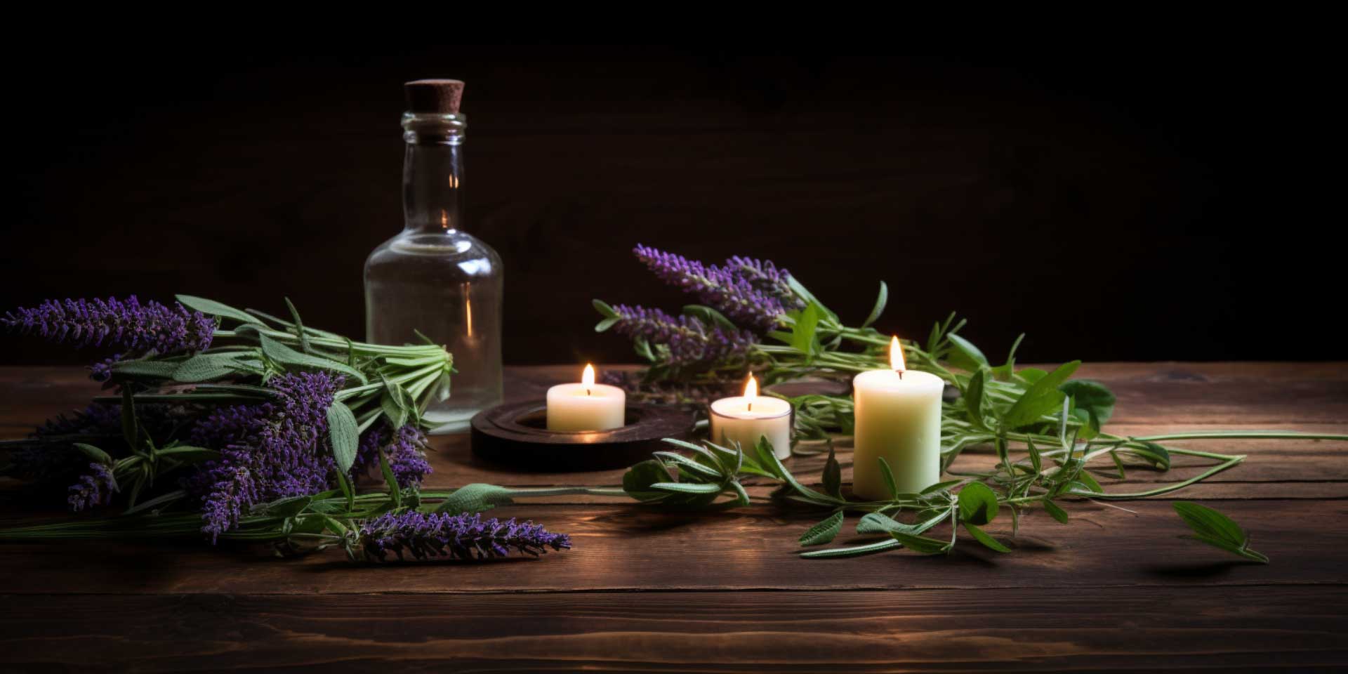 A bunch of purple flowering plants on a wooden table with three candles and one glass jar