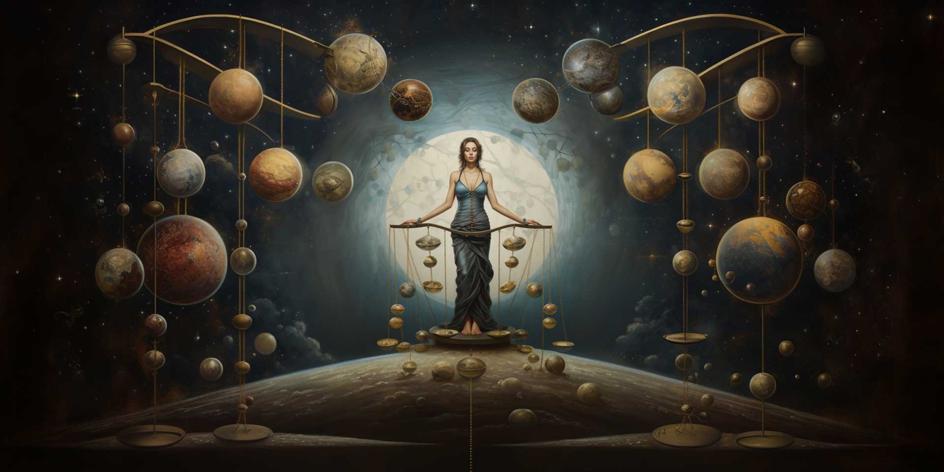 A woman standing in space holding a balanced scale. She represents Life Path 2