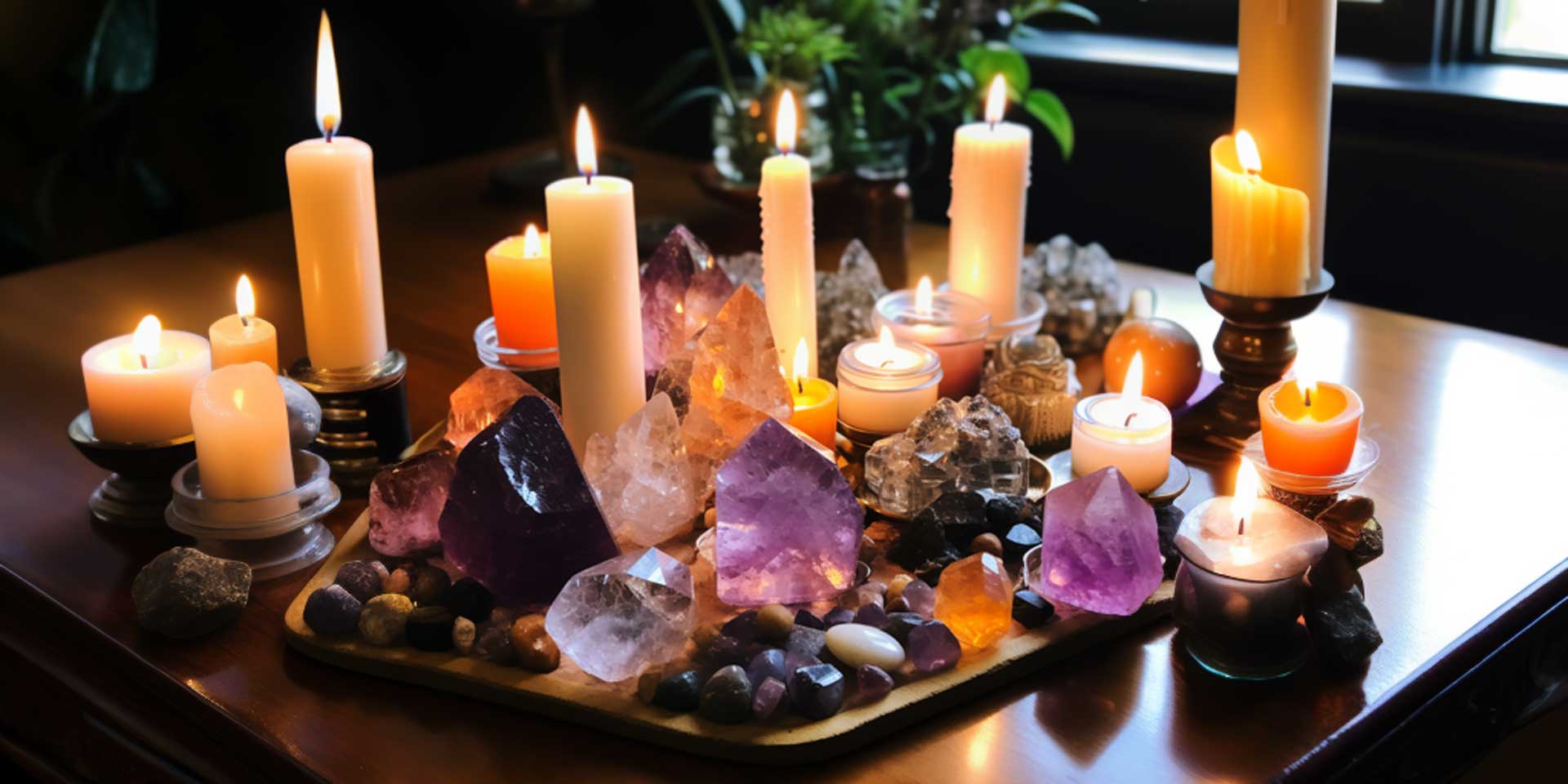 crystals and candles on a table