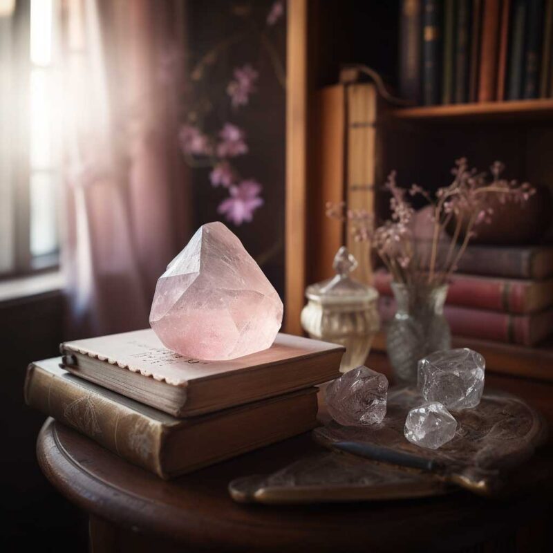 rose quartz and books