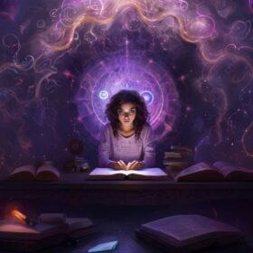 A woman with a purple, psychic aura taking a spiritual gifts test