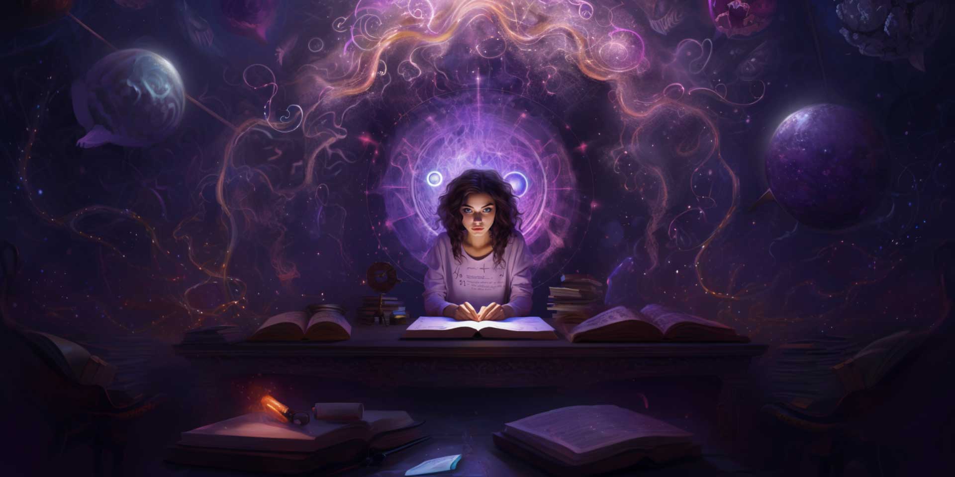 A woman with a purple, psychic aura taking a spiritual gifts test