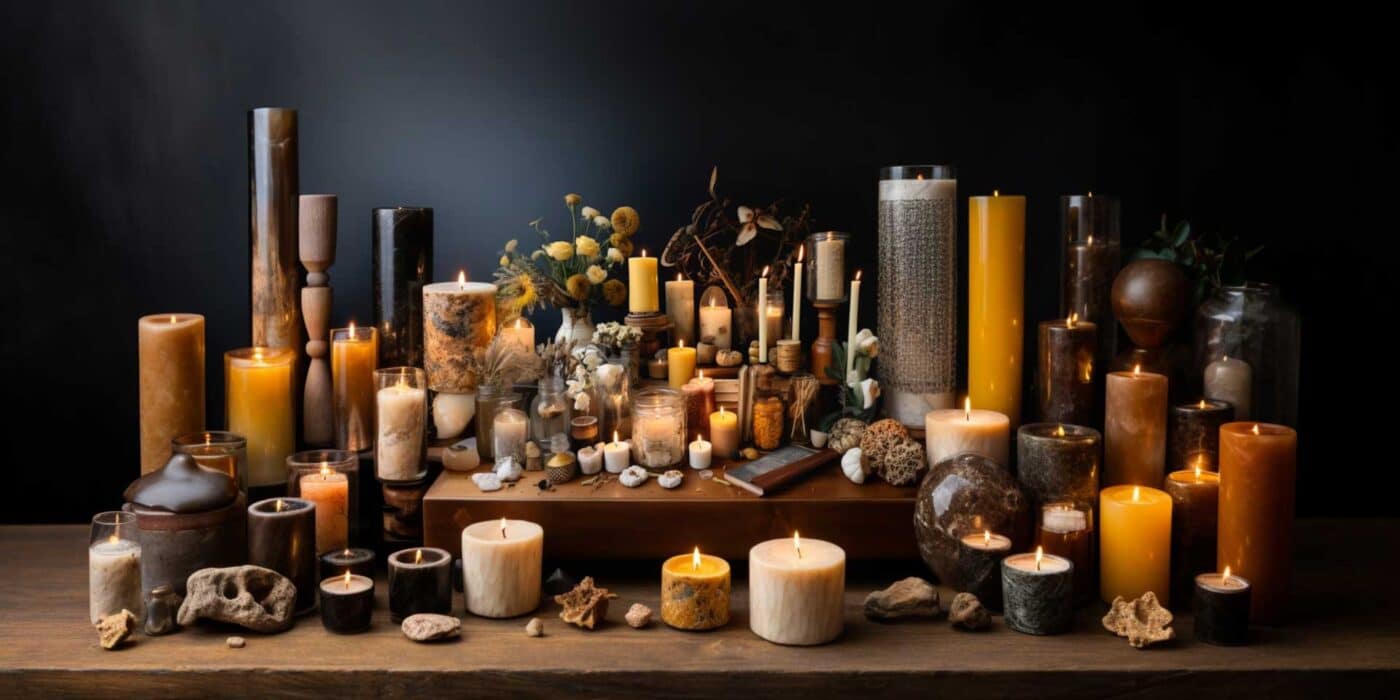 A table filled with various types of candle