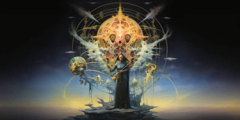 Life Path Number 7: Meaning, Strengths & Characteristics In Numerology 8 A person standing in the cosmos seeking the unknown, surrounded by UFOs and sacred geometry