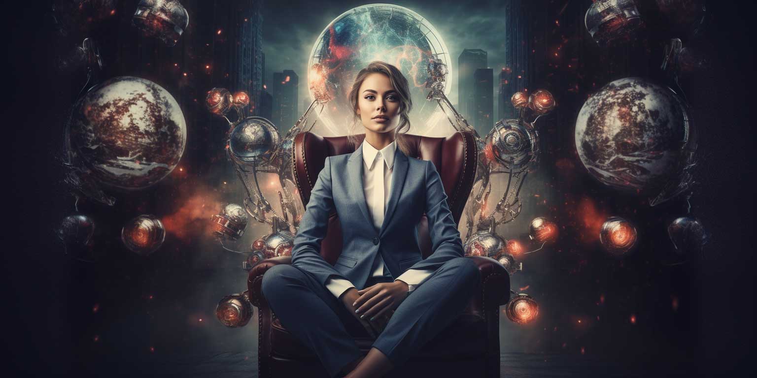 An image of a woman executive CEO sitting on a chair creating the universe