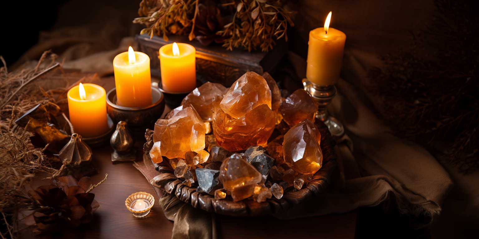 A pile of orange amber on a plate on an altar table with candles