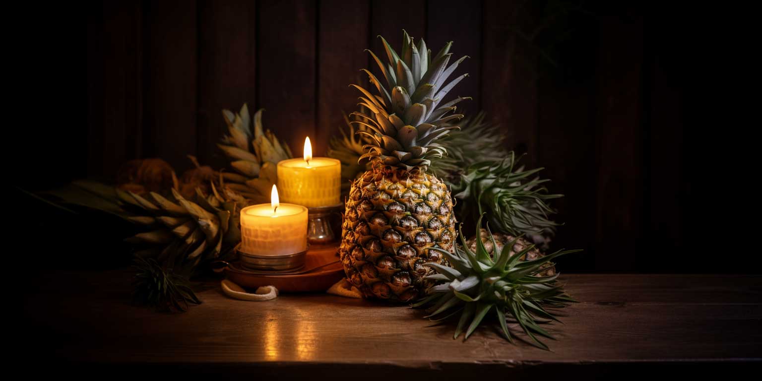 An altar table with pineapples and candles on it