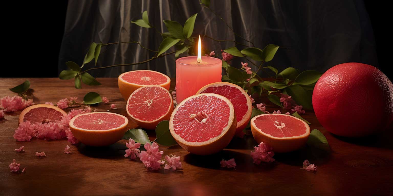 Grapefruits on a table with pink candles