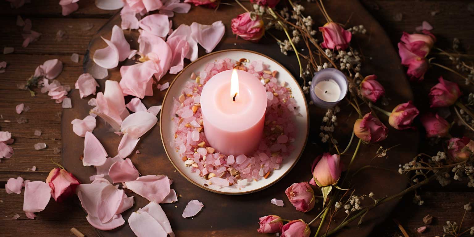 A pink candle spell on a plate of rose quartz chips and sunflower petals, on a table covered with pink rose petals