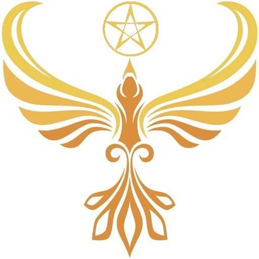 A golden icon of a bird flying up to a pentacle