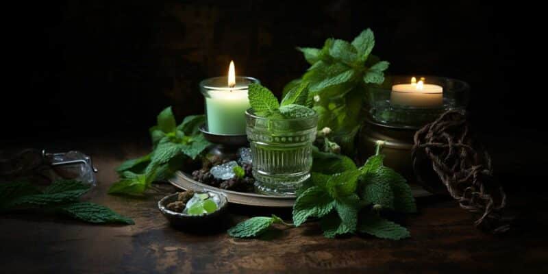 Magical Properties of Peppermint 7 spearmint leaves on a table with a green candle